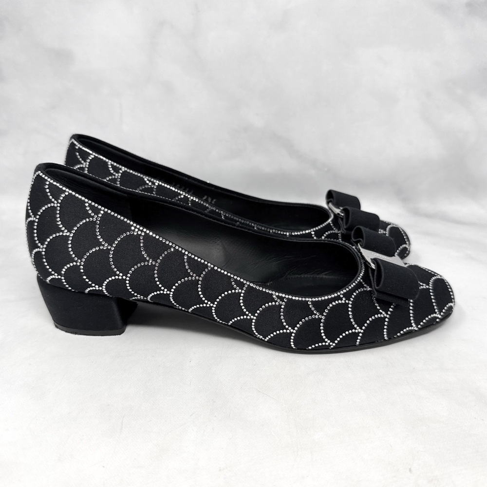 Salvatore Ferragamo Vara Bow Scallop Rhinestone Silk Satin Heeled Ballet Flats
